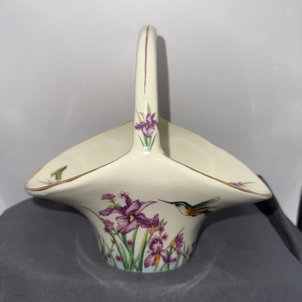Porcelain Hummingbird Floral Basket Candy Dish Bowl Vase Planter 7.5
